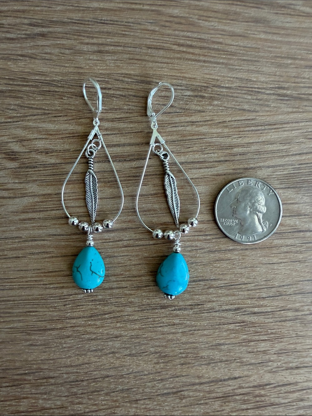 HAND CRAFTED HOWLITE TEARDROP EARRINGS Feather Western Boho - Picture 9 of 9